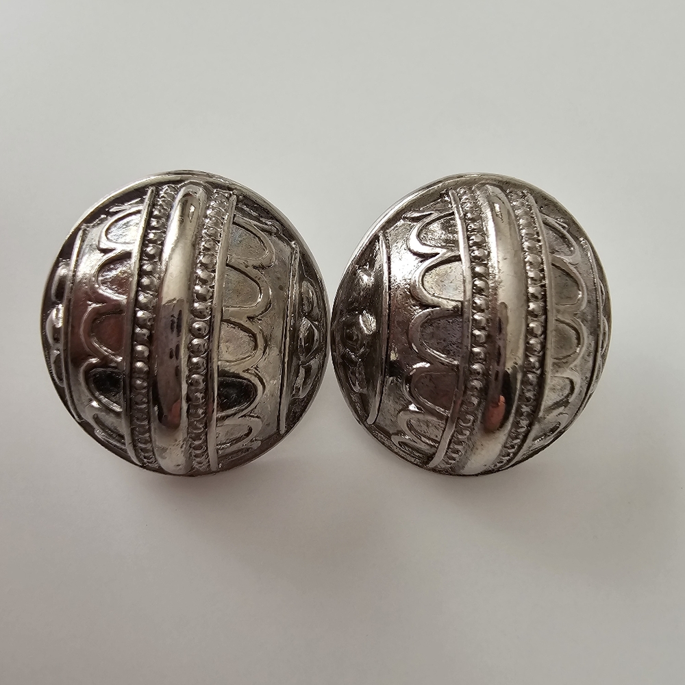Vintage Signed Avon Silver-Tone Etched Dome Pierced Earrings